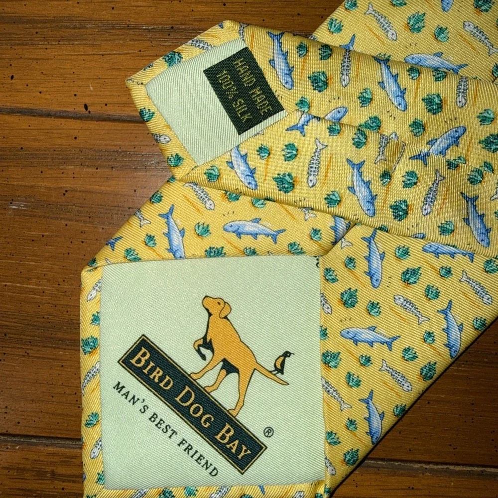 Bird Dog Bay‎ Men's Yellow Silk Tie With Fish Handmade USA Hand Drawn
